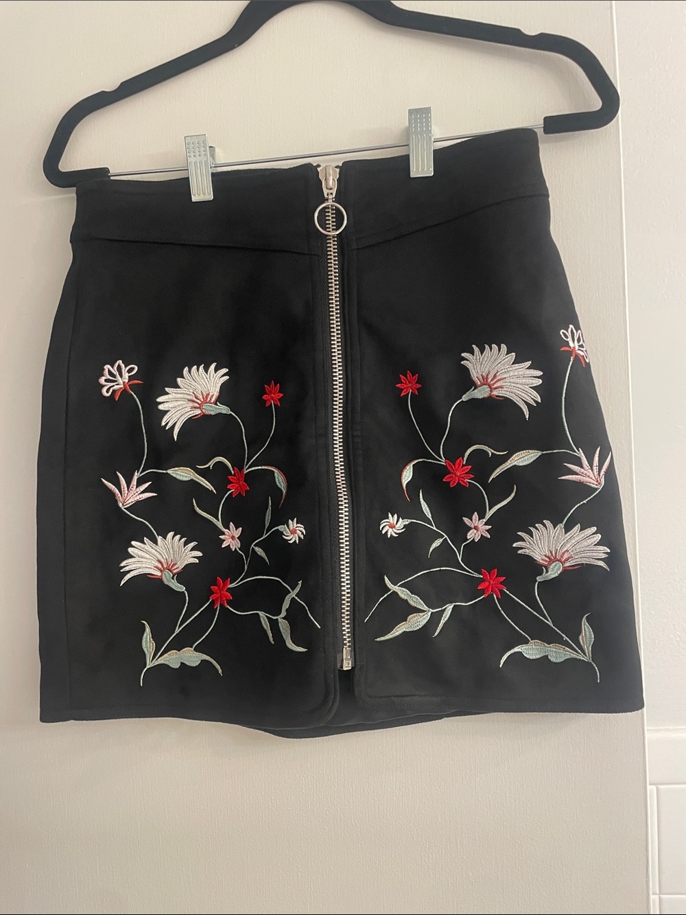 Dex Black Mini Skirt with Red & White Floral Embroidery